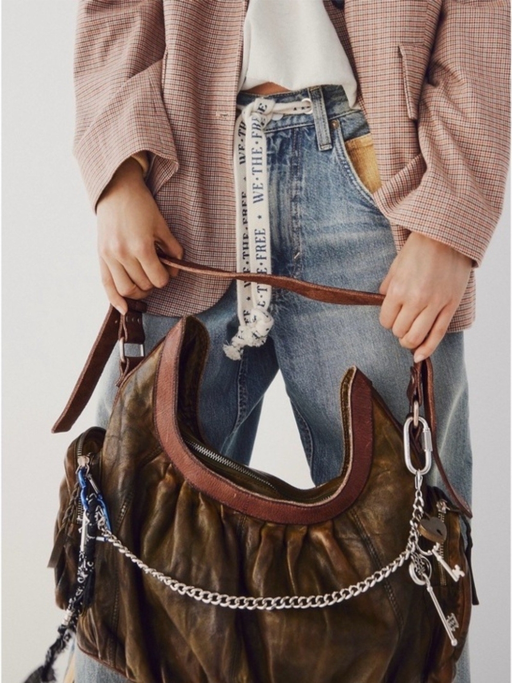 Free People Brown Leather Shoulder Bag with Chain Accent